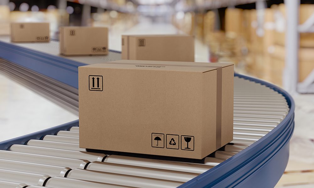 Closed cardboard boxes and wrapped with adhesive on conveyor roller