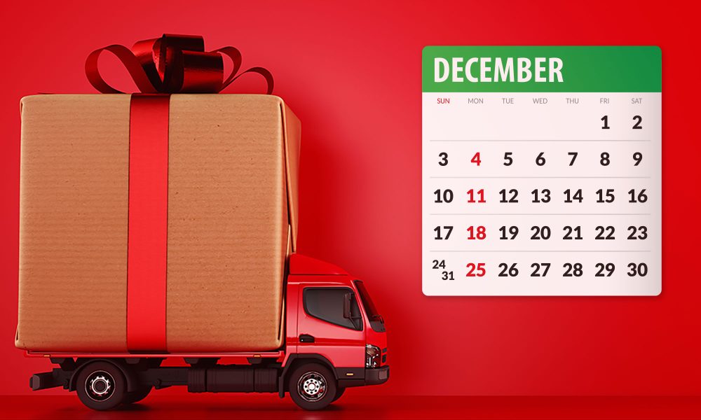 Delivery of a large gift box for Xmas on a red background