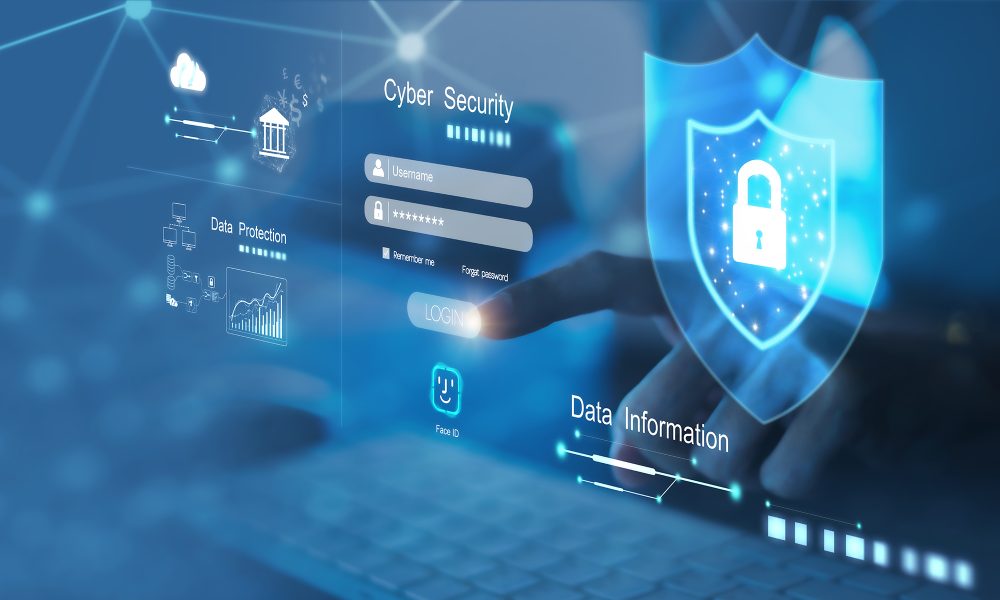 Young businesswoman is using laptop for cyber security protectio