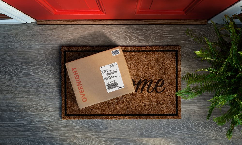 Expedited delivery box outside front door. Overhead view